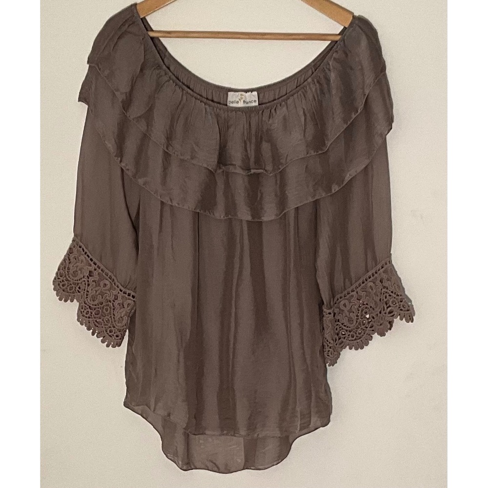 Belle France Top Off‎ Shoulder Ruffle Blouse Lace Sleeve - Medium Silk Blend